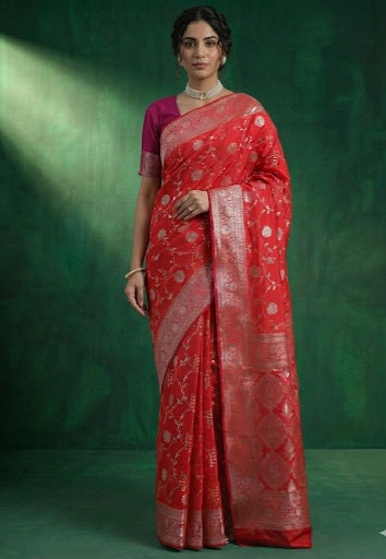 Sacred Shakti Red Silver Banarasi Silk Saree