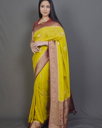 Yellow Banarasi Saree with Maroon Border