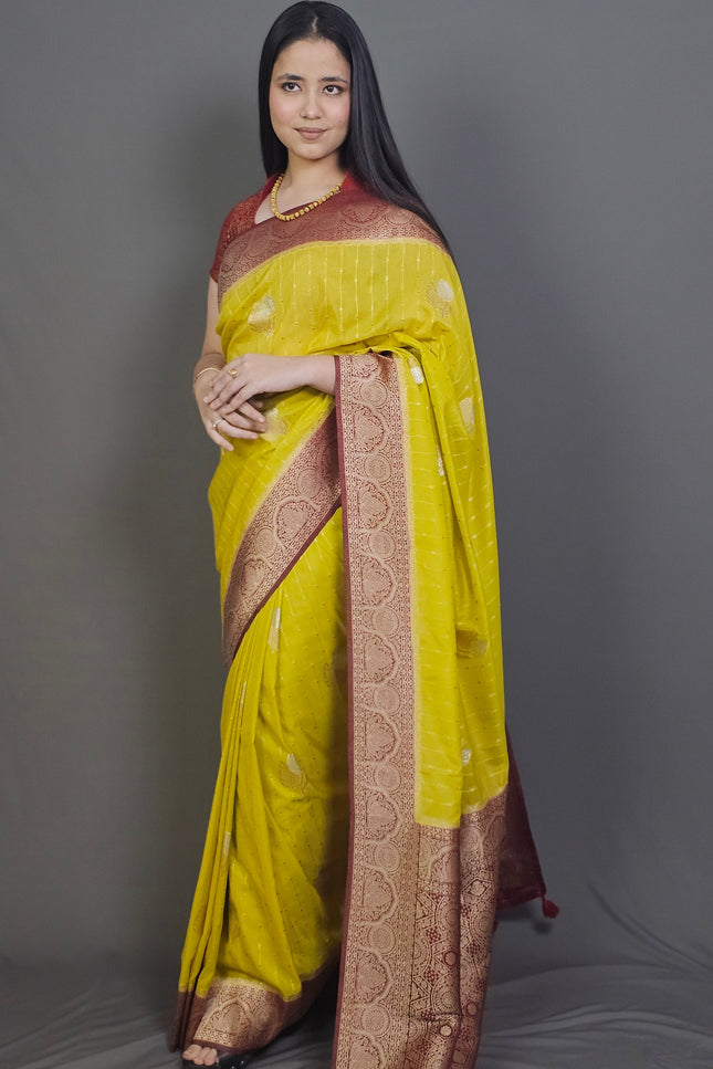 Yellow Banarasi Saree with Maroon Border