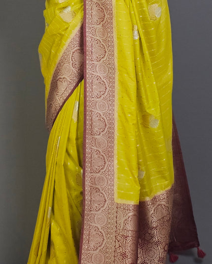 Yellow Banarasi Saree with Maroon Border