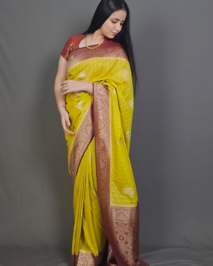 Yellow Banarasi Saree with Maroon Border