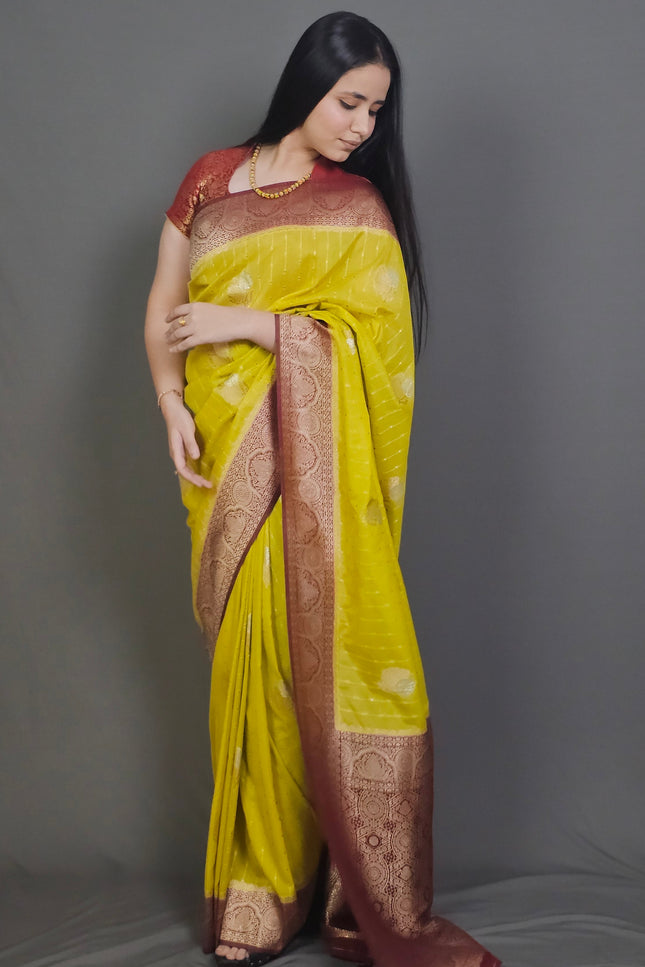 Yellow Banarasi Saree with Maroon Border