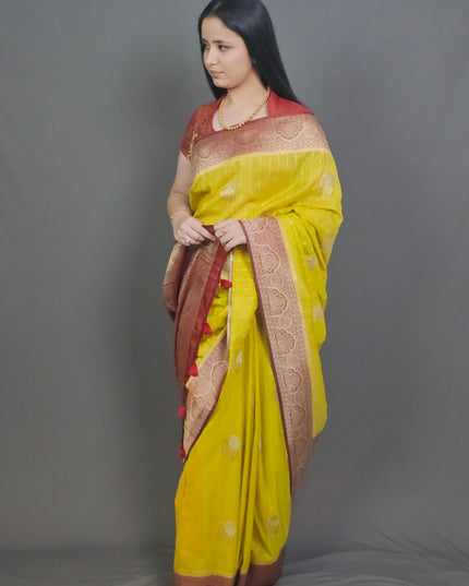 Yellow Banarasi Saree with Maroon Border