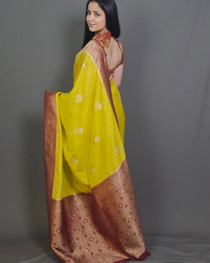 Yellow Banarasi Saree with Maroon Border