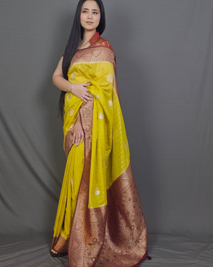 Yellow Banarasi Saree with Maroon Border