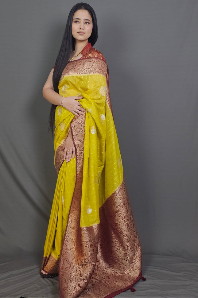 Yellow Banarasi Saree with Maroon Border