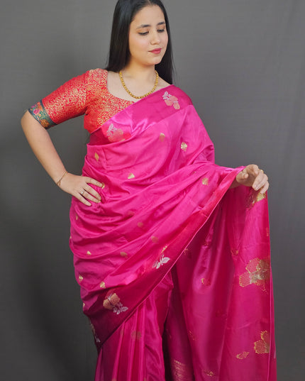 "Pink Prema Silk Blend Saree with Gold Zari Florals"