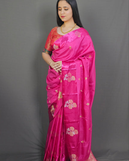 "Pink Prema Silk Blend Saree with Gold Zari Florals"