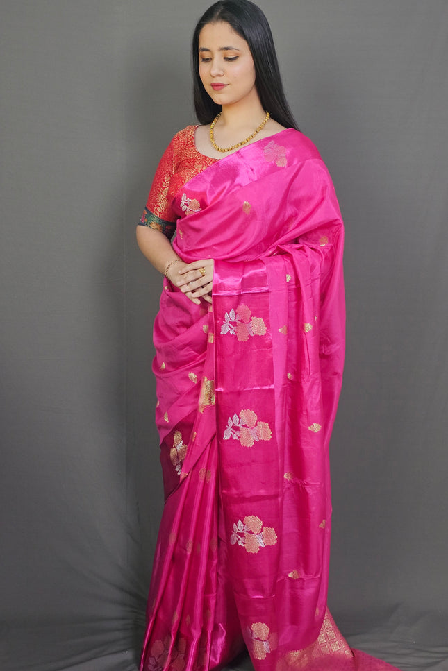 "Pink Prema Silk Blend Saree with Gold Zari Florals"