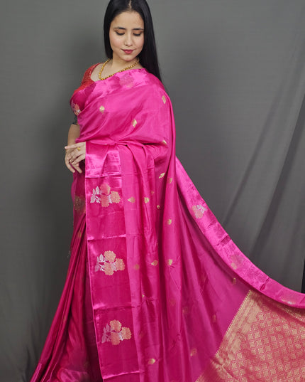 "Pink Prema Silk Blend Saree with Gold Zari Florals"