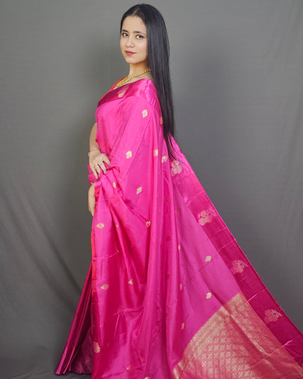 "Pink Prema Silk Blend Saree with Gold Zari Florals"