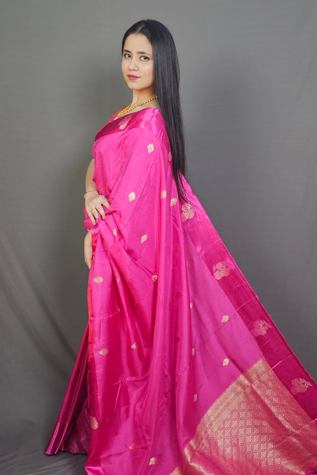 "Pink Prema Silk Blend Saree with Gold Zari Florals"