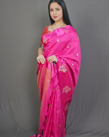 "Pink Prema Silk Blend Saree with Gold Zari Florals"