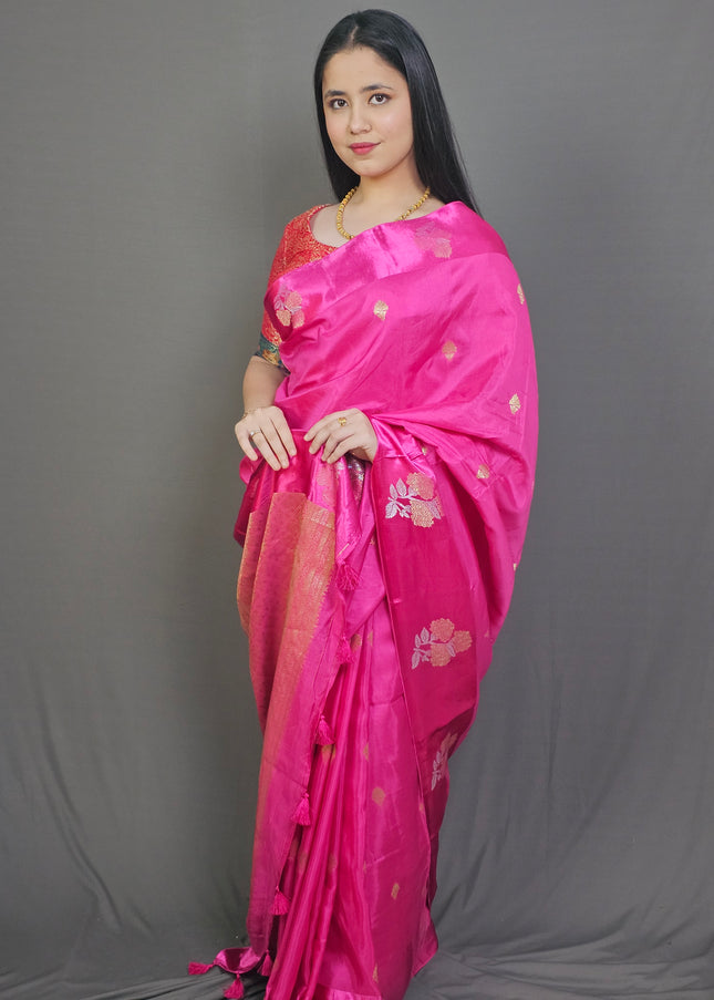 "Pink Prema Silk Blend Saree with Gold Zari Florals"