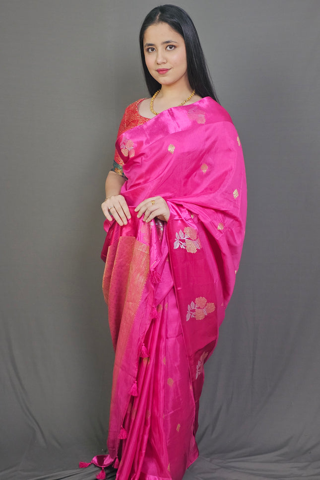 "Pink Prema Silk Blend Saree with Gold Zari Florals"