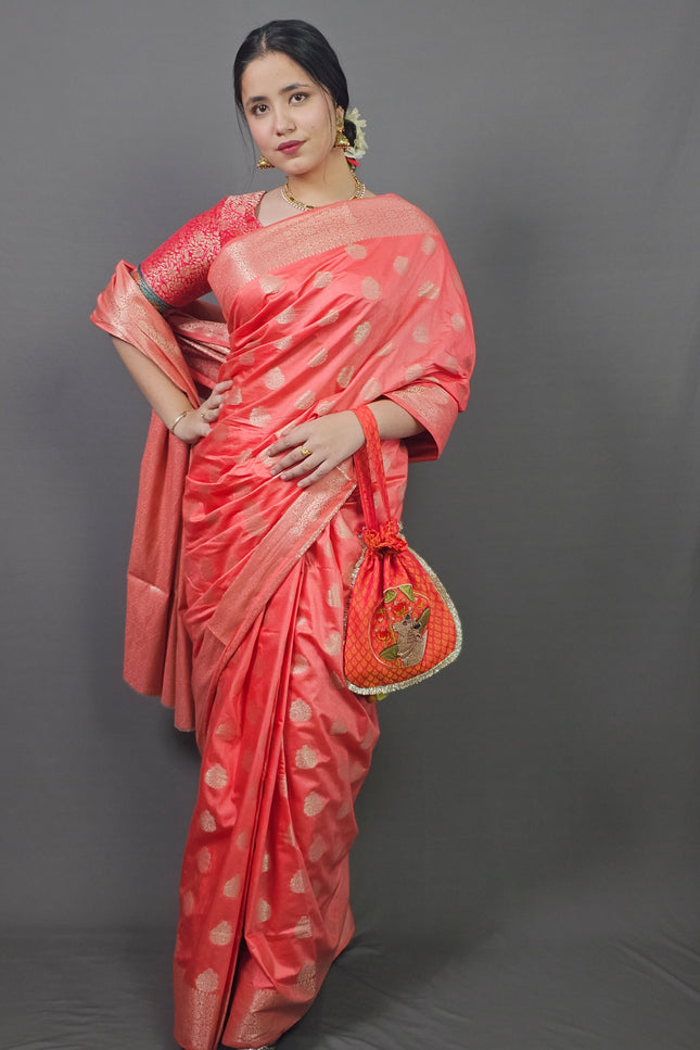 Peach Banarasi Saree with Golden Zari Motifs