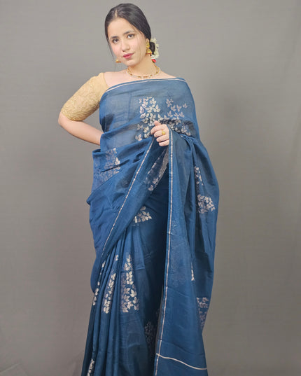 Blue Silk Blend Saree with Silver Leaf Motifs