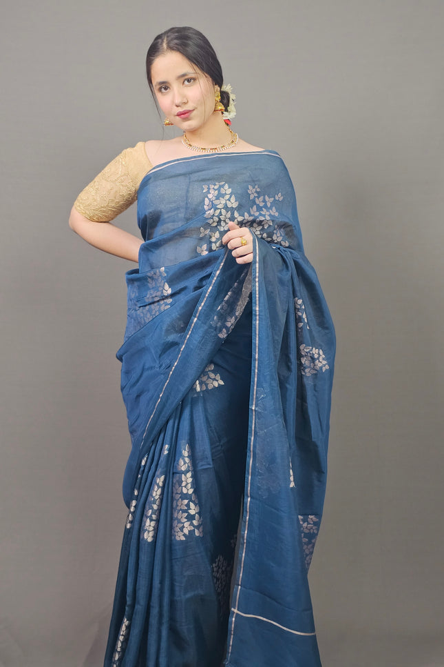 Blue Silk Blend Saree with Silver Leaf Motifs