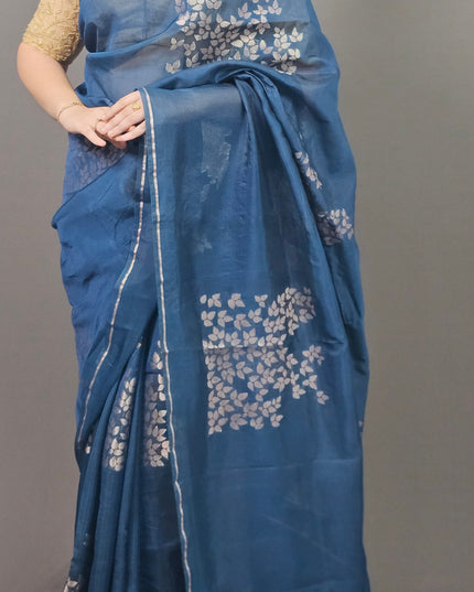 Blue Silk Blend Saree with Silver Leaf Motifs