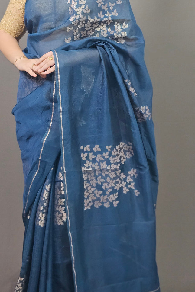 Blue Silk Blend Saree with Silver Leaf Motifs
