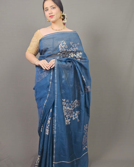 Blue Silk Blend Saree with Silver Leaf Motifs