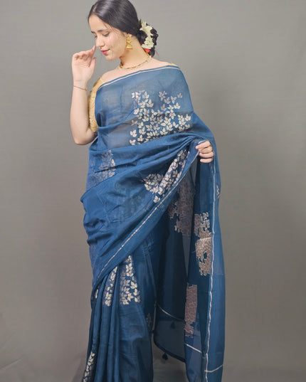 Blue Silk Blend Saree with Silver Leaf Motifs