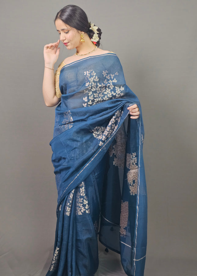 Blue Silk Blend Saree with Silver Leaf Motifs