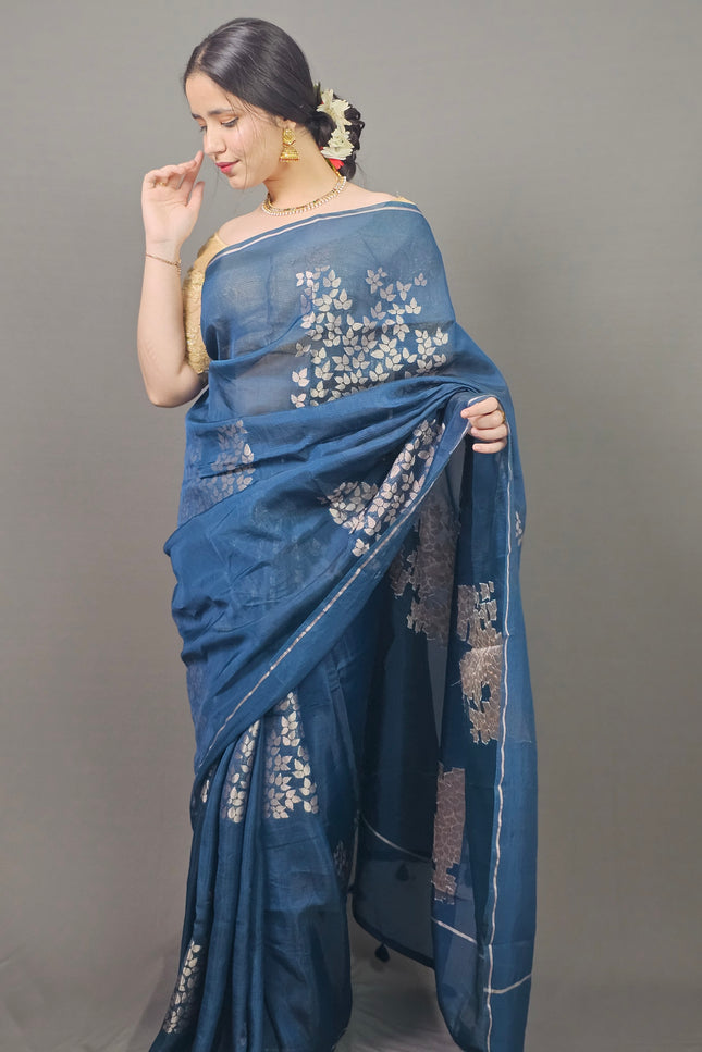 Blue Silk Blend Saree with Silver Leaf Motifs