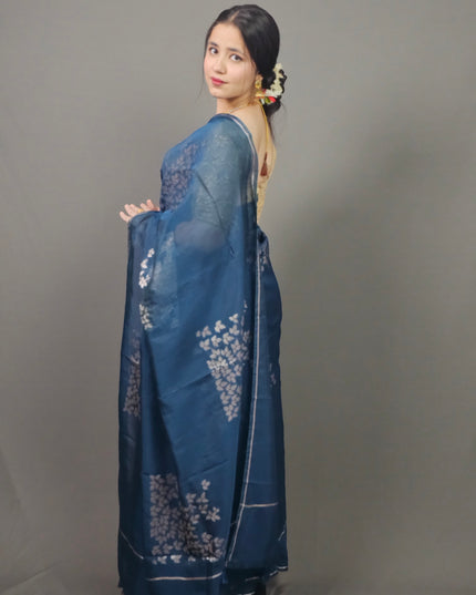 Blue Silk Blend Saree with Silver Leaf Motifs