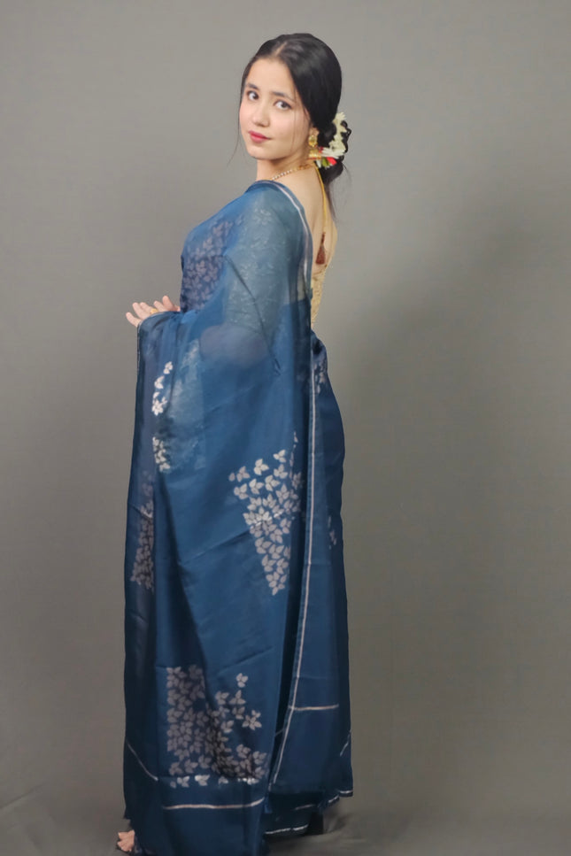 Blue Silk Blend Saree with Silver Leaf Motifs