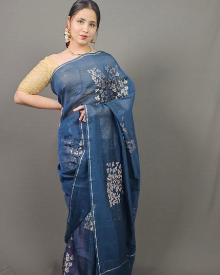 Blue Silk Blend Saree with Silver Leaf Motifs