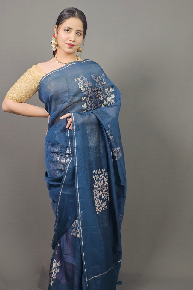 Blue Silk Blend Saree with Silver Leaf Motifs