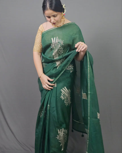 Green Silk Blend Saree with Silver Motifs