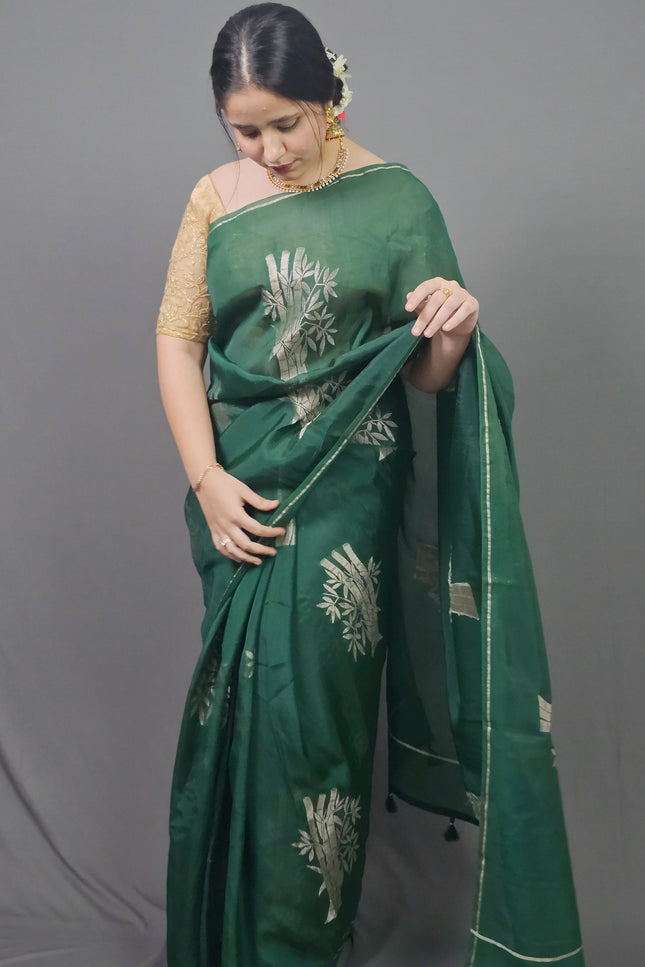 Green Silk Blend Saree with Silver Motifs