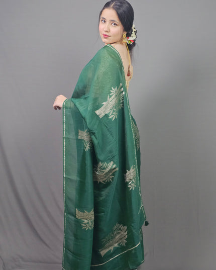 Green Silk Blend Saree with Silver Motifs