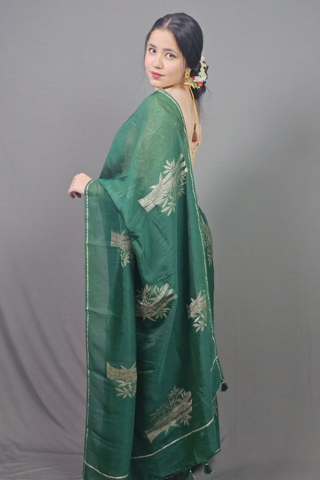Green Silk Blend Saree with Silver Motifs