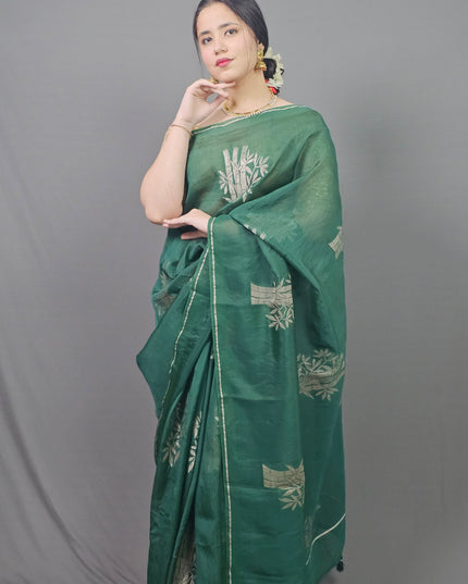 Green Silk Blend Saree with Silver Motifs