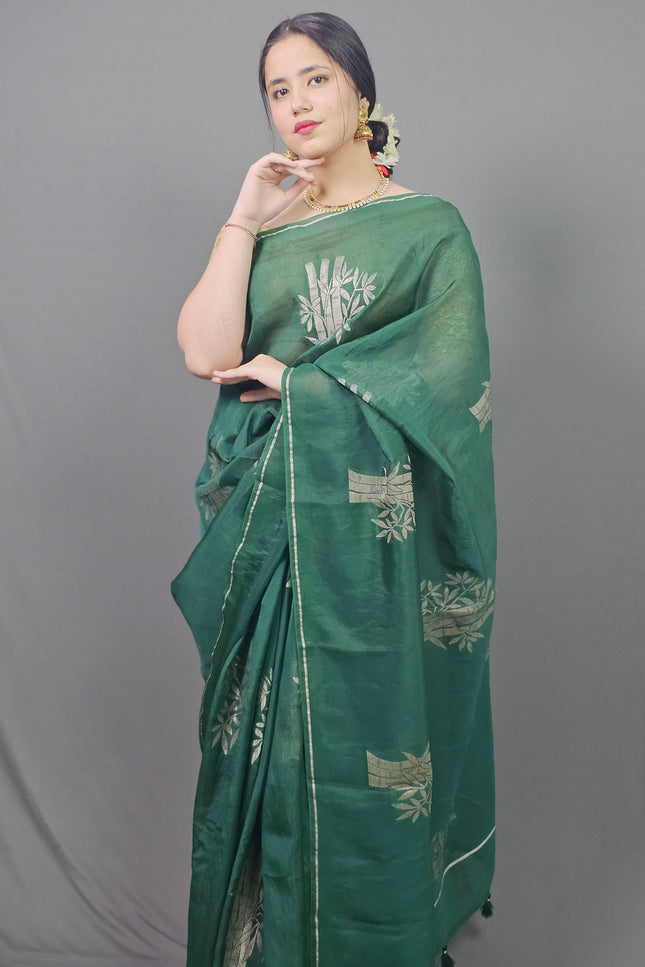 Green Silk Blend Saree with Silver Motifs