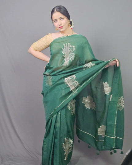 Green Silk Blend Saree with Silver Motifs