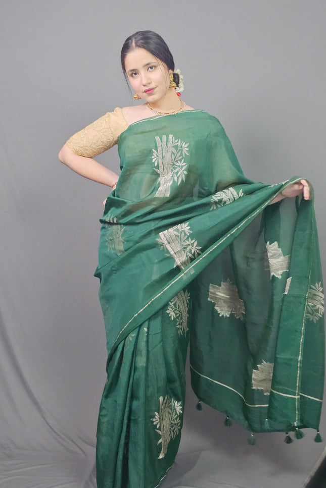 Green Silk Blend Saree with Silver Motifs