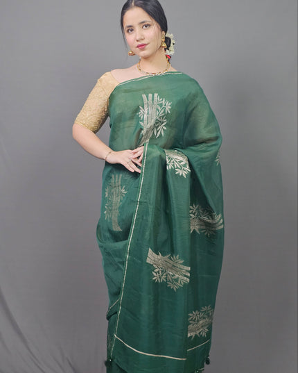 Green Silk Blend Saree with Silver Motifs