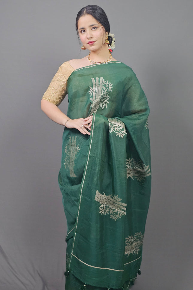 Green Silk Blend Saree with Silver Motifs