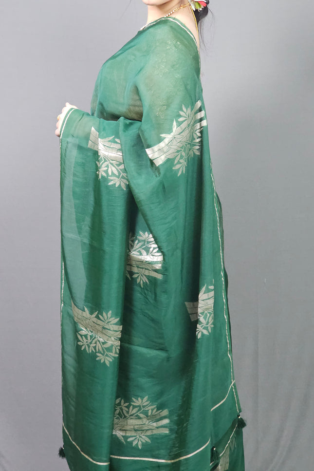 Green Silk Blend Saree with Silver Motifs
