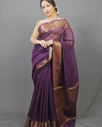 Majestic Mulberry Gold Border Banarasi Saree