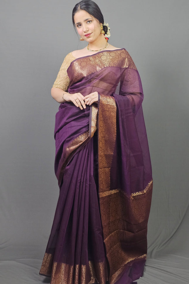 Majestic Mulberry Gold Border Banarasi Saree