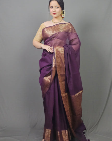 Majestic Mulberry Gold Border Banarasi Saree