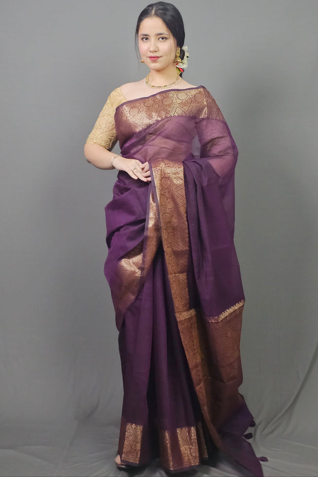 Majestic Mulberry Gold Border Banarasi Saree