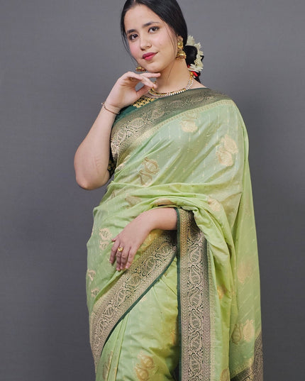Vrindavan Garden Gold Zari Banarasi Saree