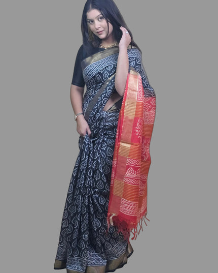 Celestial Black & Red Handblock Silk Saree