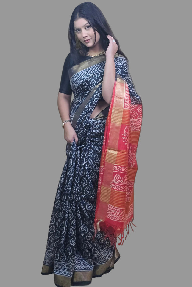 Celestial Black & Red Handblock Silk Saree